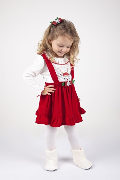 Melekpare Girl's Long Sleeve Snow-Themed Winter Red Christmas New Year Concept Salopet Dress with Buckle Gift