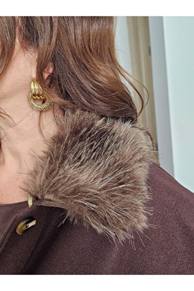 Felix Butik FELİX14136 Yakası Kürklü Kemerli Kahverengi Panço Ceket
