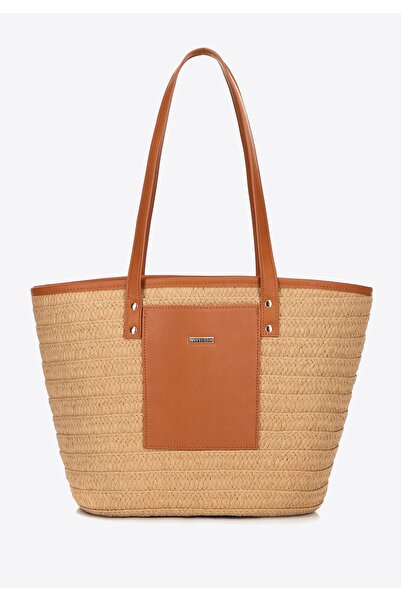 Wittchen Coș împletit pentru femei cu detalii din piele, bej și maro, paie de...