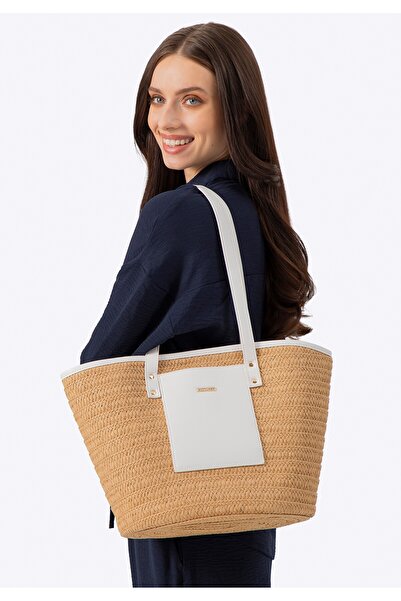 Wittchen Coș împletit pentru femei cu detalii din piele, bej și crem, bej și ...