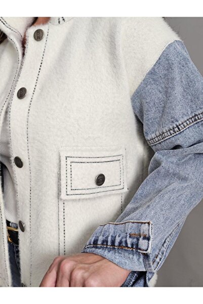 Felix Butik FELİX14060 Kot Kollu Angora Krem Ceket-Mont