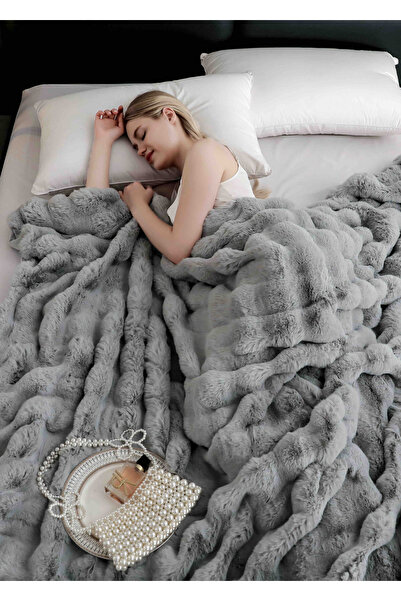 JOJO HOME Κουβέρτα Cocolino εξαιρετικά αφράτη, από γούνα κουνελιού, με φερμουάρ, 200x230cm, ανοιχτό γκρι