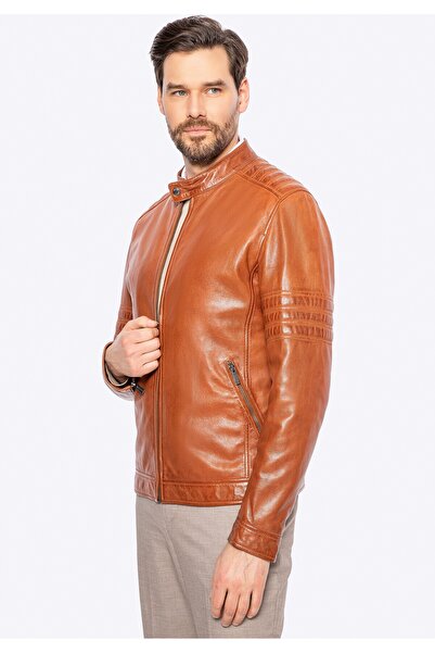 Wittchen Geacă de motociclist din piele bărbătească cu cusături, maro deschis...