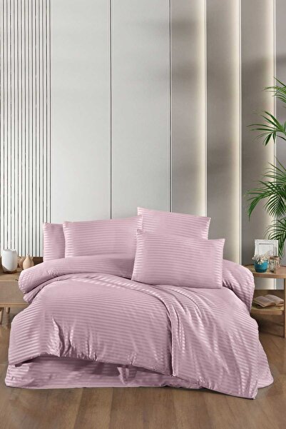 TakÇalıştır Stripe Saten Line Double Duvet Cover Set Powder