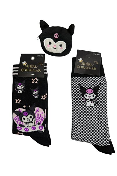 Blotch Kuromi Character Knee-High Girls' 2-Piece Plaid and Black Socks Set