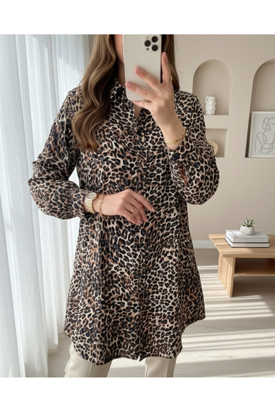 MissRunin Leopard Pattern Buttoned Oval Cut Shirt