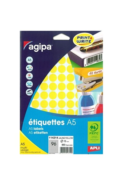 AGIPA etichete autoadezive 114314, 96/A5, 15 mm, permanente, rotunde, galbene...