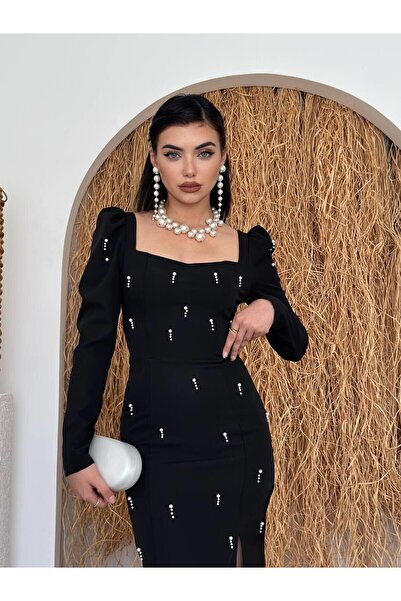 Monapera Uzun Kollu Yırtmaçlı Boe İnci Detaylı Atlas Maxi Elbise