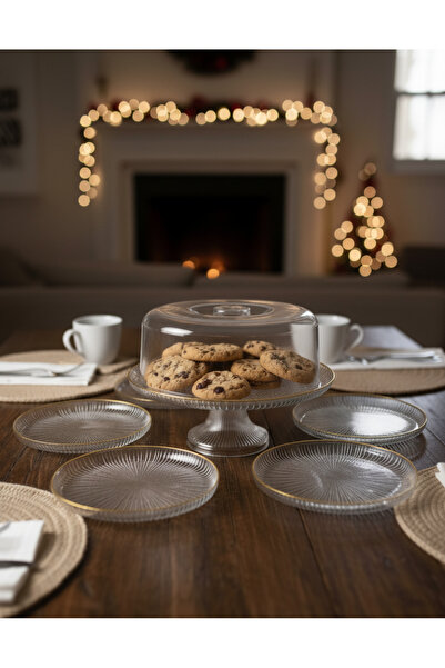 Berina home Altın Yaldızlı Ayaklı Kek Kurabiye Pasta Sunum Standı ve 6 Parça Pasta Tabağı Sunum Seti