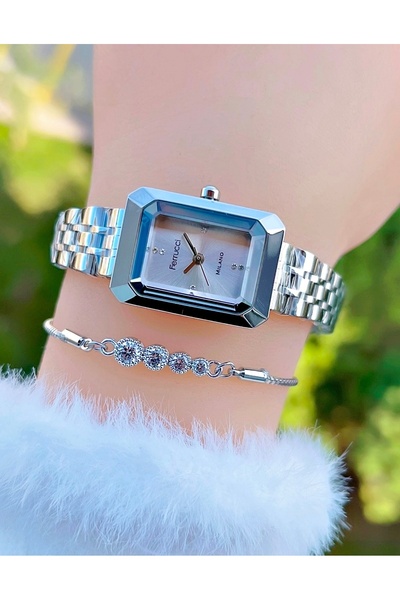 Ferrucci Cut Glass Cornered Steel Cord Stone Women's Wristwatch with Bracelet Gift