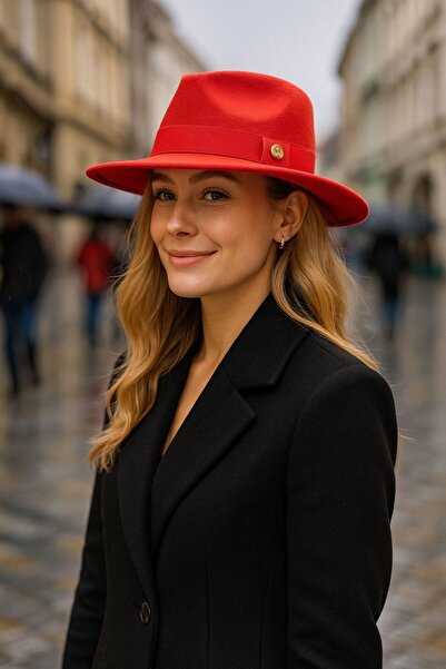 MARBERRY Pomegranate Flower Metal Button Detailed Panama Fedora Cowboy Women's Hat