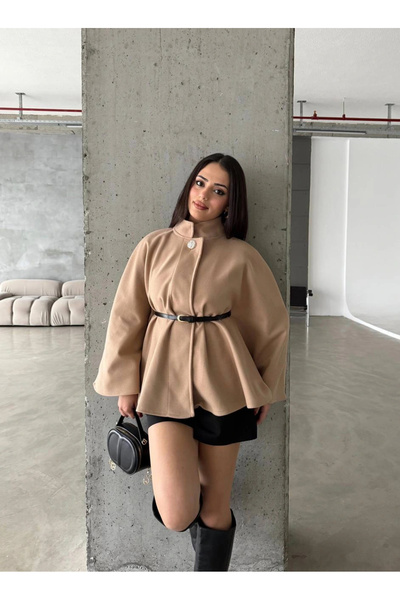 Pullaps Düğme Detaylı Kemerli Kaşe Panço Vizon