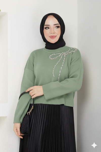 Blue Morpho Bow Detailed Knitwear Stone Embellished Skirt Top Crop Sweater