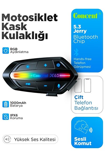 Blic X63 Kablosuz Bluetooth Motosiklet Kask Kulaklığı - IP67 Su Geçirmez Intercom Rgb Işıklı