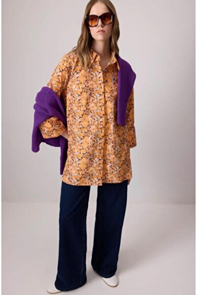 Touche Çiçek Desenli Pamuklu Gömlek Turuncu