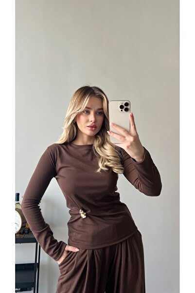 ForOus Brooched Flexible Fabric Elastic Waist Long Sleeve T-Shirt Set Casual