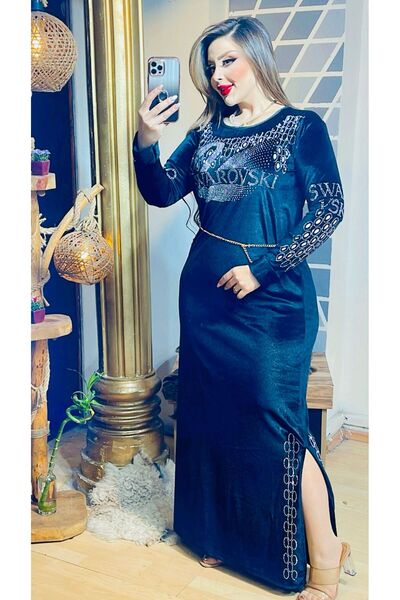 Kaptins Kadın Siyah Uzun Elbise Kadife Kumaş