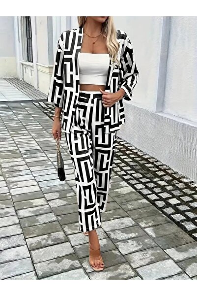 JARDİN ALLURE Women's Long Sleeve Open Front Patterned Two Thread Jacket and Pants Two Piece Set