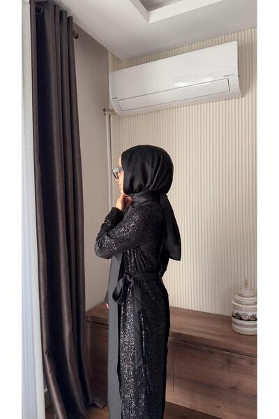 Touche Kontrast Payetli Krep Elbise Siyah