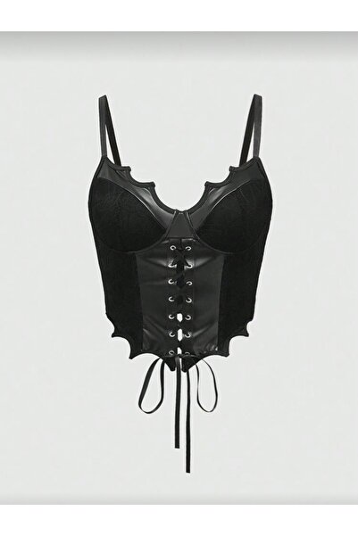 DarkellaStore Gotik Gothic Punk Göğsü Yarasa Detay Bağcıklı Dantelli Deri Kor...