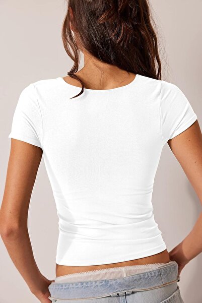 Generic BAIGRAM Women Square Neck Crop Top Short Sleeve Slim Fitted T-Shirt