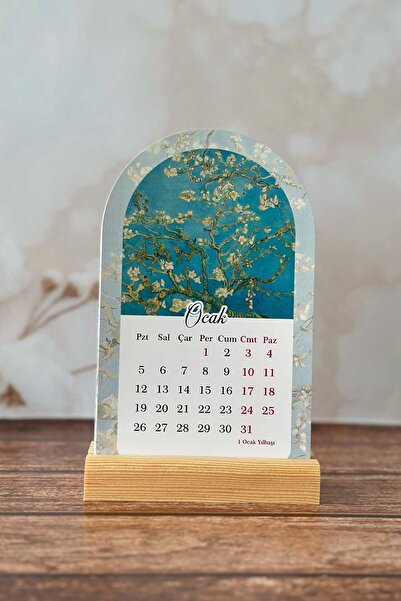 Sticker Ekspres 2026 Van Gogh Temalı Ahşap Standlı Özel Tasarım Takvim 2026 Masa Takvimi Hediye