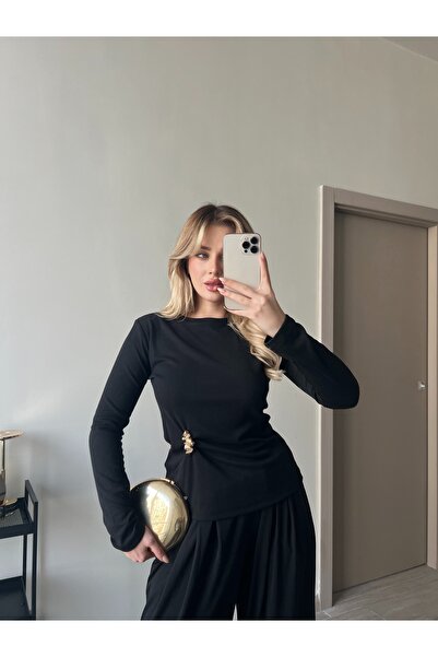 ForOus Brooched Flexible Fabric Elastic Waist Long Sleeve T-Shirt Set Casual