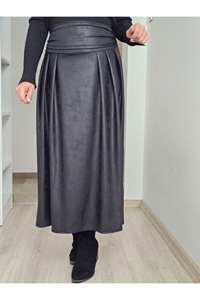 Felix Butik FELİX14142 Bel Büzgü Detaylı Lastikli Pileli Siyah Deri Görünümlü Etek