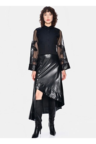 DQMANE Tül ve Deri Detaylı Gömlek