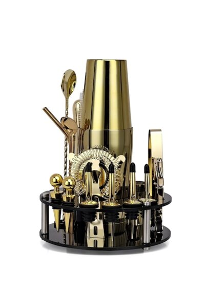 FAVEEZA Set de cocktailuri pentru barman, 20 de piese - Shaker Boston auriu din oțel inoxidabil, carte de rețete