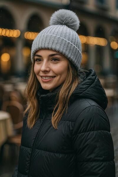 FELLMENS Gray Corded Fabric Plush Pompom Women's Beret