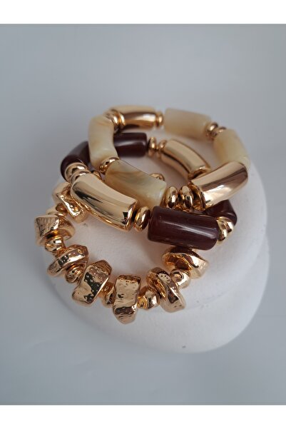 BHR AKSESUAR Üçlü Altın Kahverengi Akrilik Boncuklu Elastik Bileklik