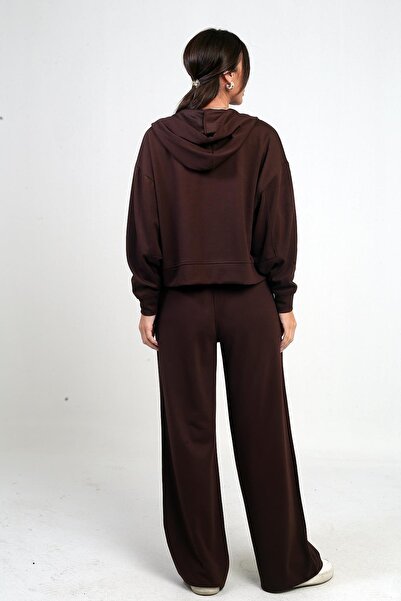 By Saygı Дамски кардиган с качулка и цип, с еластична талия и панталони палацо с джобове, комплект от 2 части