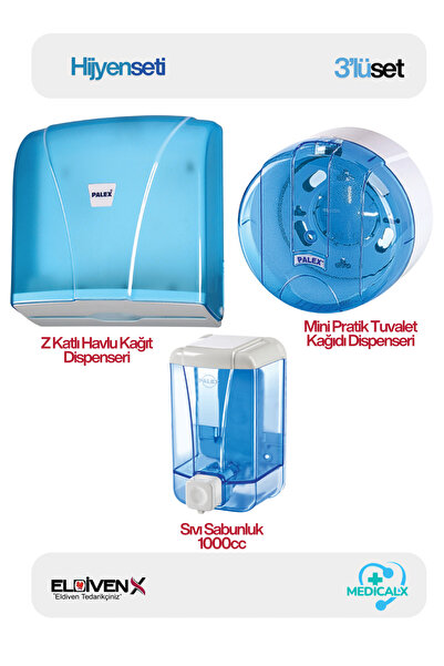 Medicalx 3’lü Hijyen Seti ŞEFFAF MAVİ ( Sıvı Sabunluk+Tuvalet Kağıt Dispenser...