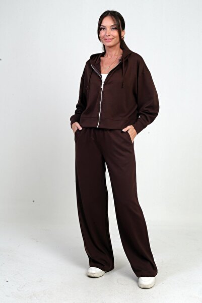 By Saygı Дамски кардиган с качулка и цип, с еластична талия и панталони палацо с джобове, комплект от 2 части