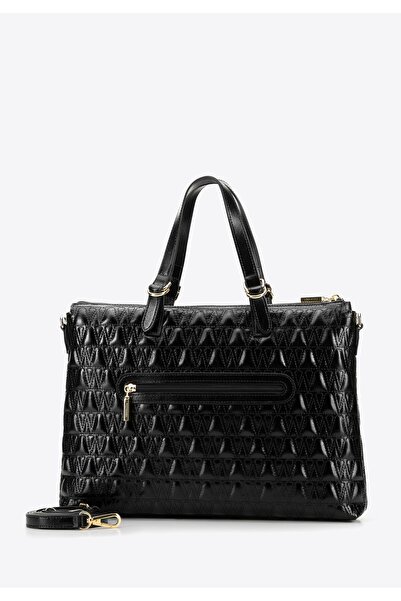 Wittchen Geantă pentru laptop de 14" pentru femei cu model geometric, neagră, piele