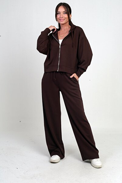 By Saygı Women's Hooded Zippered Cardigan with Elastic Waist and Pockets Palazzo Pants 2-Piece Set