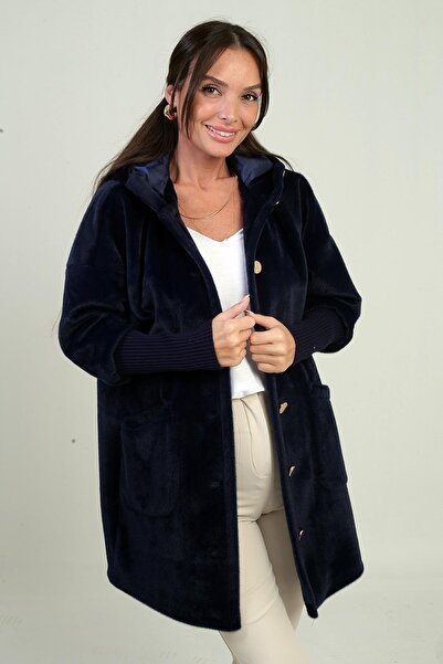 By Saygı Women's Hooded Angora Coat with Buttoned Front, Lined Sleeves and Ribbed Sleeves