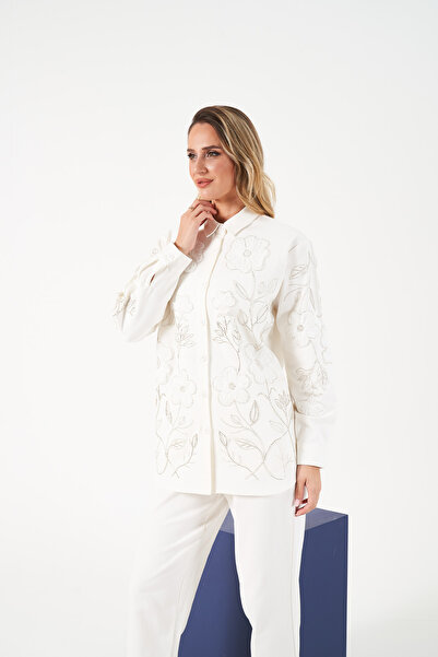 MİA NOURA Women's Gabardine Shirt and Pants Suit with Beaded Front and Sleeves