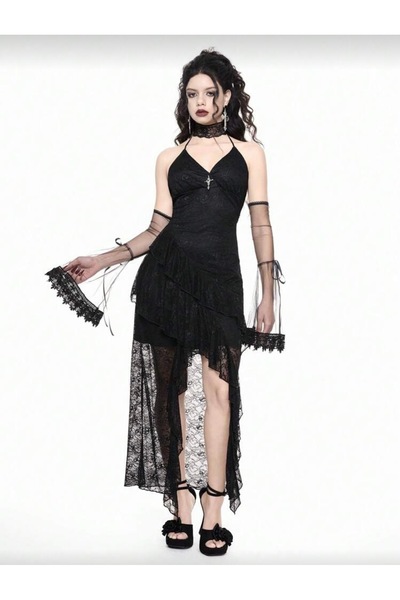 DarkellaStore Gotik Gothic Punk Dantelli V Yaka Uzun Tasarım Elbise (Kollukla...