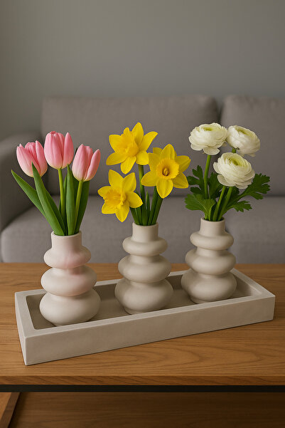 Omerella Beton Tabaklı 3 lü Vazo Seti (Çiçekler Dahil Değil) İskandinav