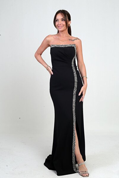 By Saygı Women's Long Crepe Dress with Draped Stone Detail on the Front