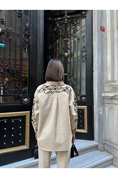 MİA NOURA Women's Front Beaded Gabardine Shirt and Pants Set