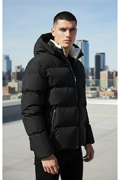 byata.style معطف رجالي معطف شتوي أسود مقاوم للماء والبرد معطف منفوخ بفرو على ...