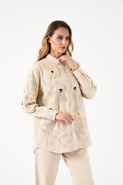 MİA NOURA Women's Gabardine Shirt and Pants Suit with Beaded Front and Sleeves