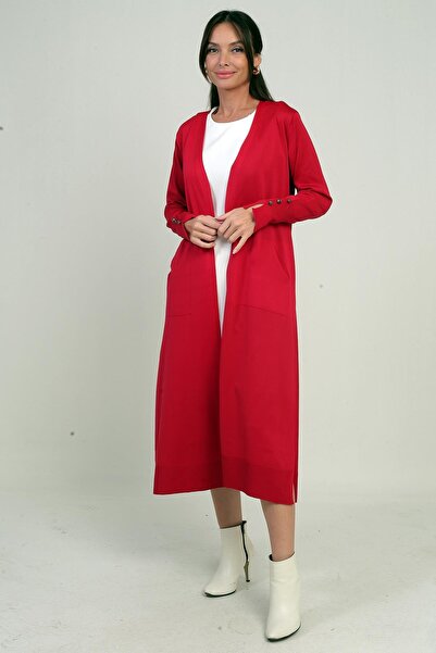 By Saygı Women's Long Cardigan with Button Detail on the Sleeves, Pockets, and Side Slits