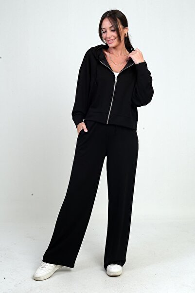 By Saygı Women's Hooded Zippered Cardigan with Elastic Waist and Pockets Palazzo Pants 2-Piece Set