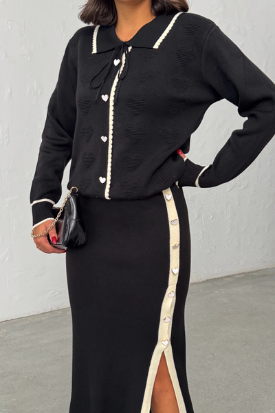 Lusin Women's Heart Button and Embossing Detail Skirt Cardigan Bottom Top Two-Piece Elegant Knitwear Set - Black