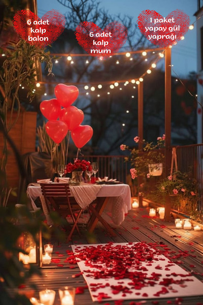 SkyPop 6'Lı Kırmızı Düz Kalp Balon, 6 Adet Kalp Mum, 1 Paket Yapay Gül Yaprağ...