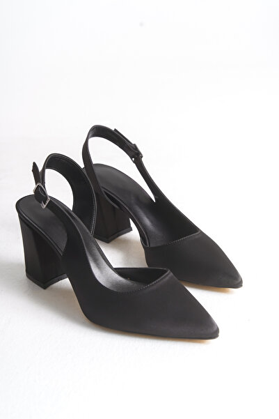 LEVONYA Pantofi de damă din satin negru, cu toc gros ascuțit, deschis lateral